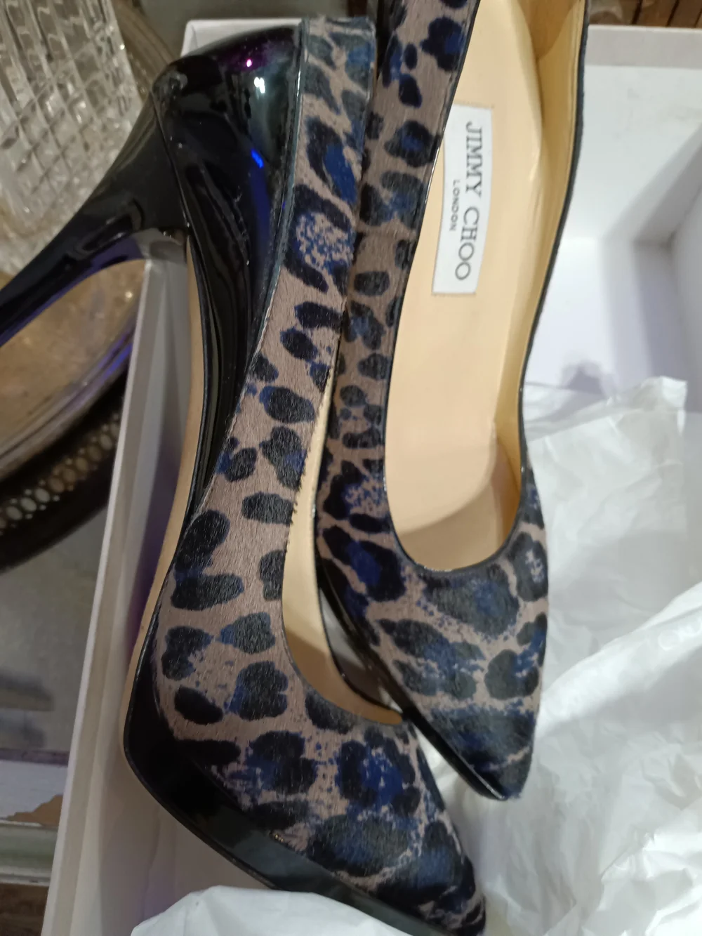 Jimmy Choo Blue and Black Leopard-Print Pointed Toe Pumps